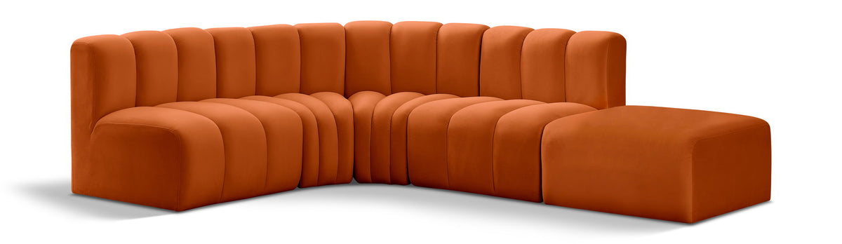 Arc Velvet Modular Sectional — 5-Piece Corner Sectional — Cognac