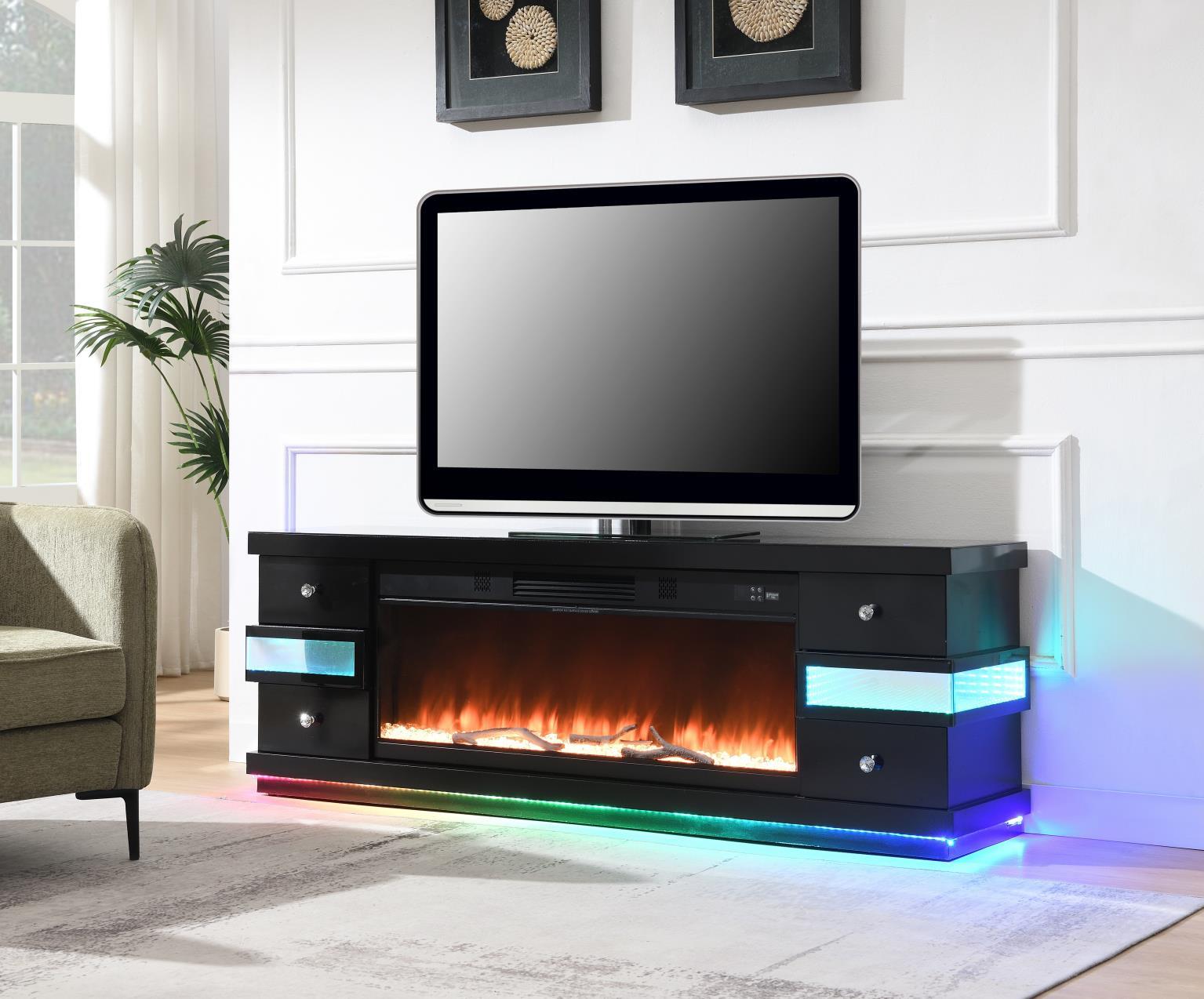 W031-TV Black Fire Place TV Stand With Bluetooth Speaker, Heater, Multi Colors, RGB Light — 71 in. wide