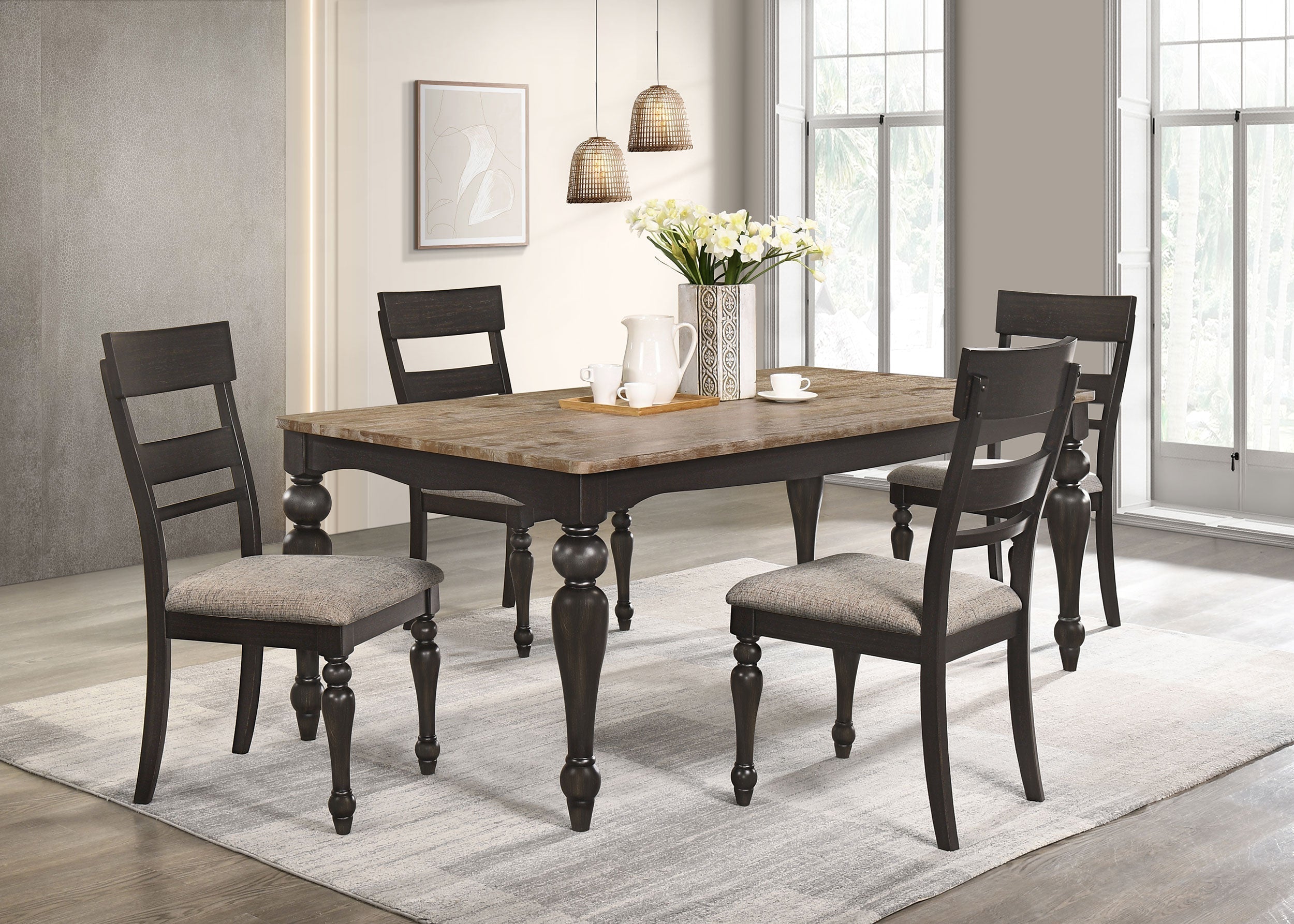 Bridget Rectangular Dining Set Brown Brushed and Charcoal Sandthrough