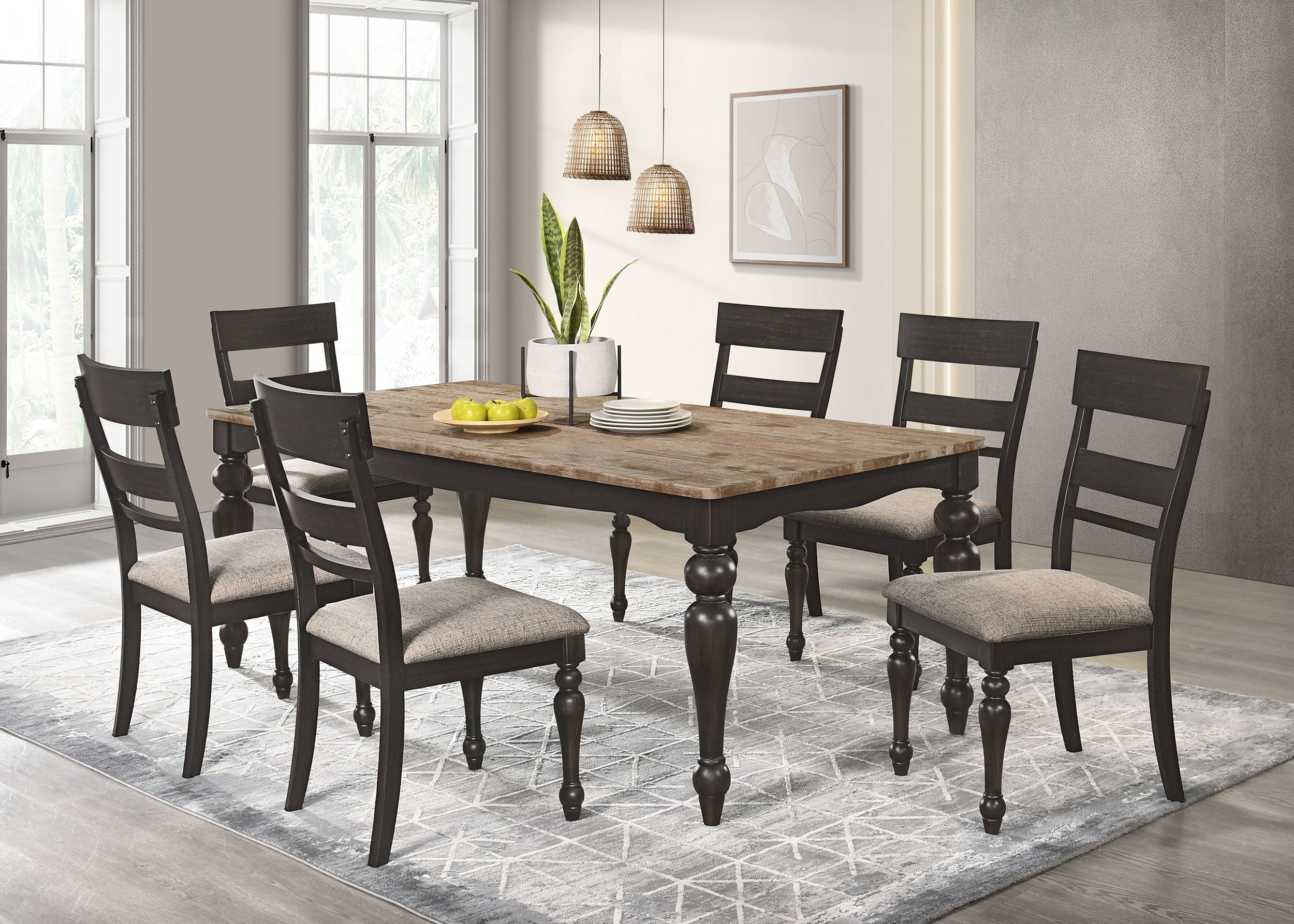 Bridget Rectangular Dining Set Brown Brushed and Charcoal Sandthrough