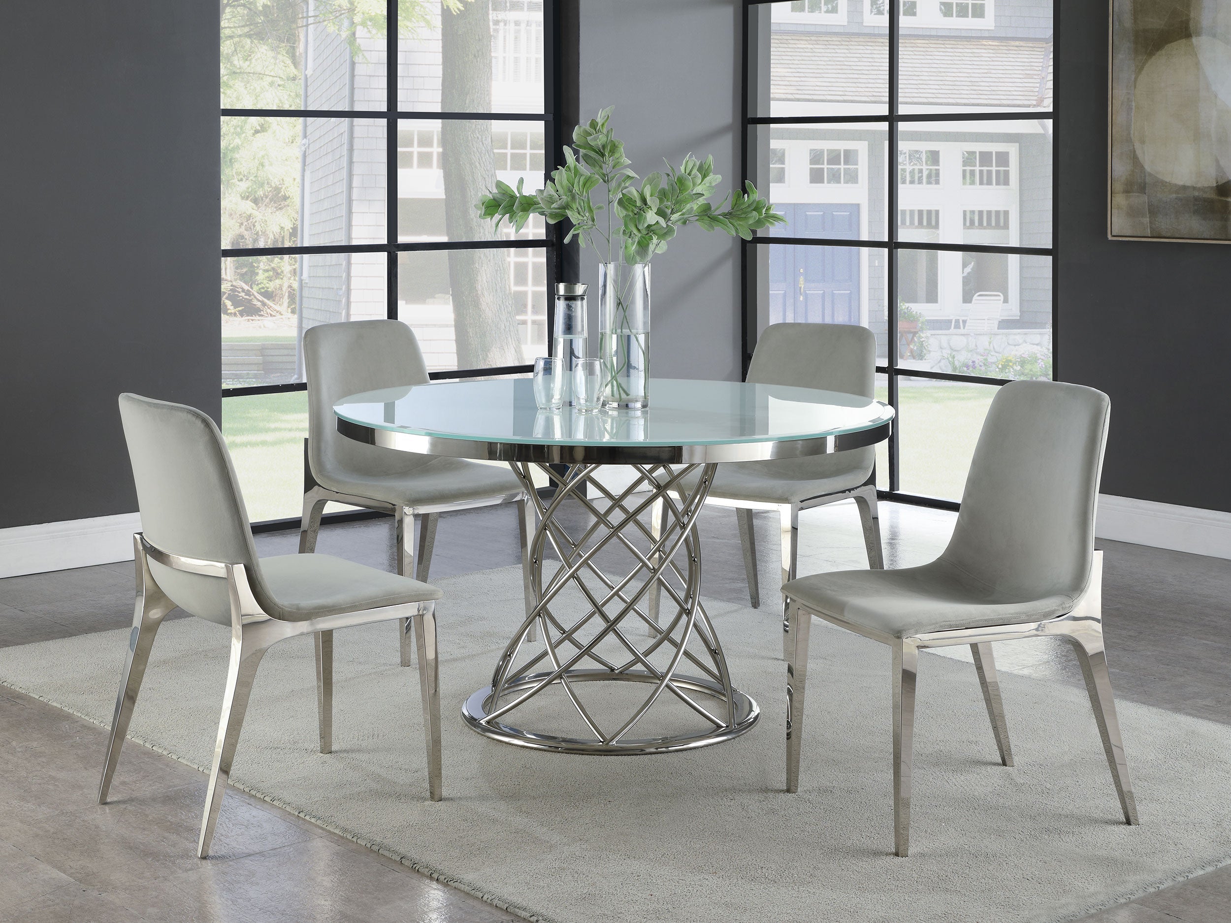Irene Round Glass Top Dining Set White and Chrome