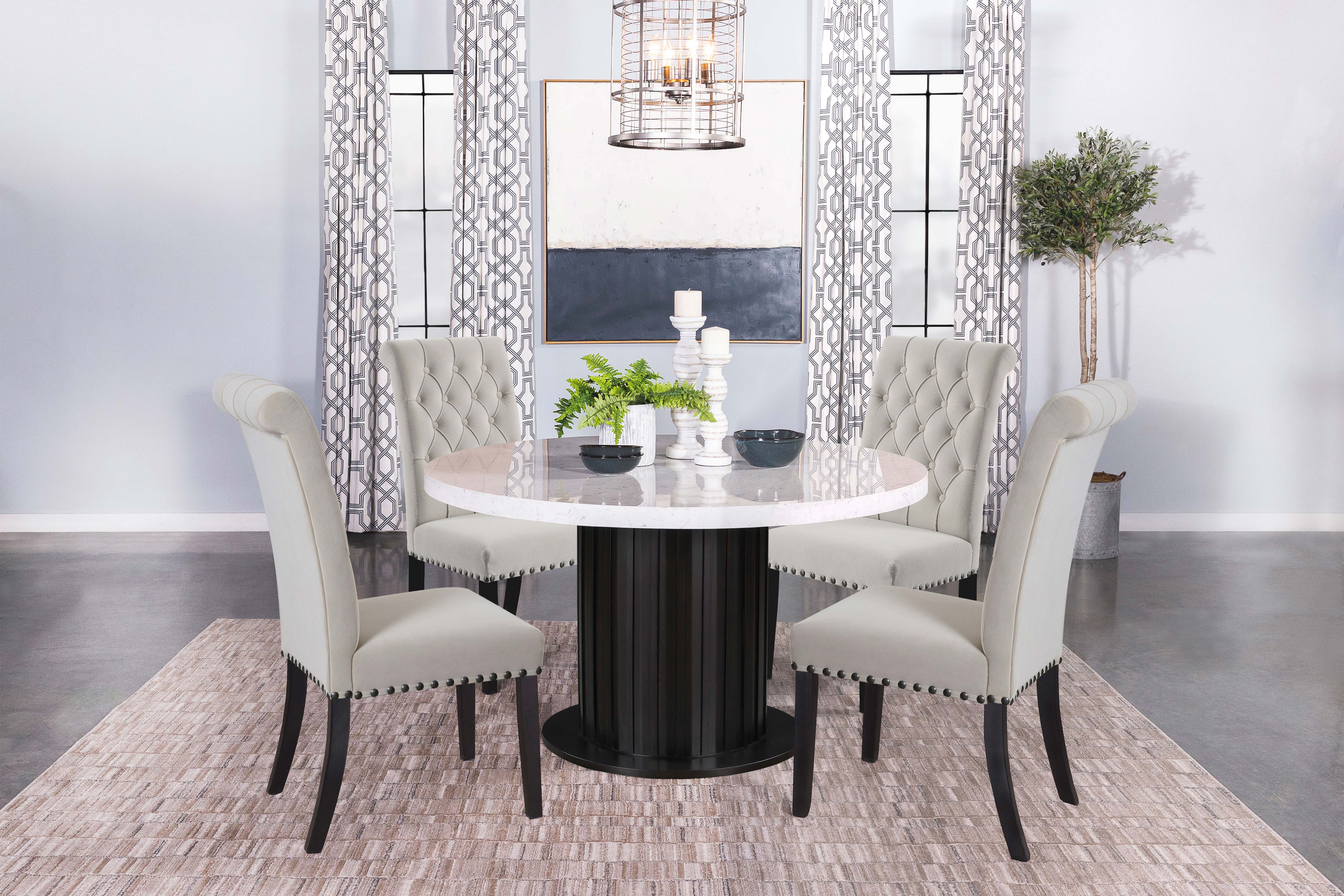 Sherry Round Dining Set with Grey Fabric Chairs