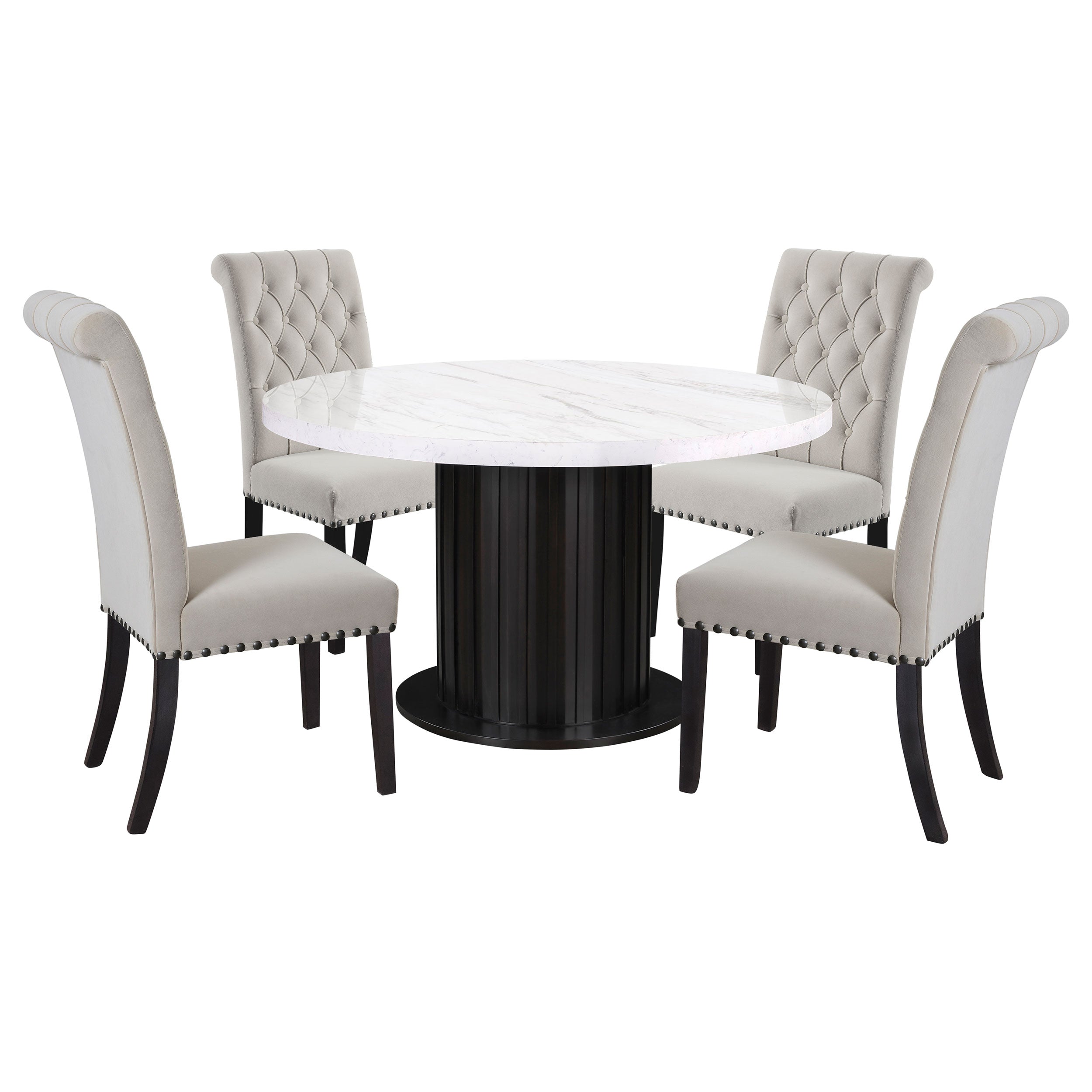 Sherry Round Dining Set with Grey Fabric Chairs