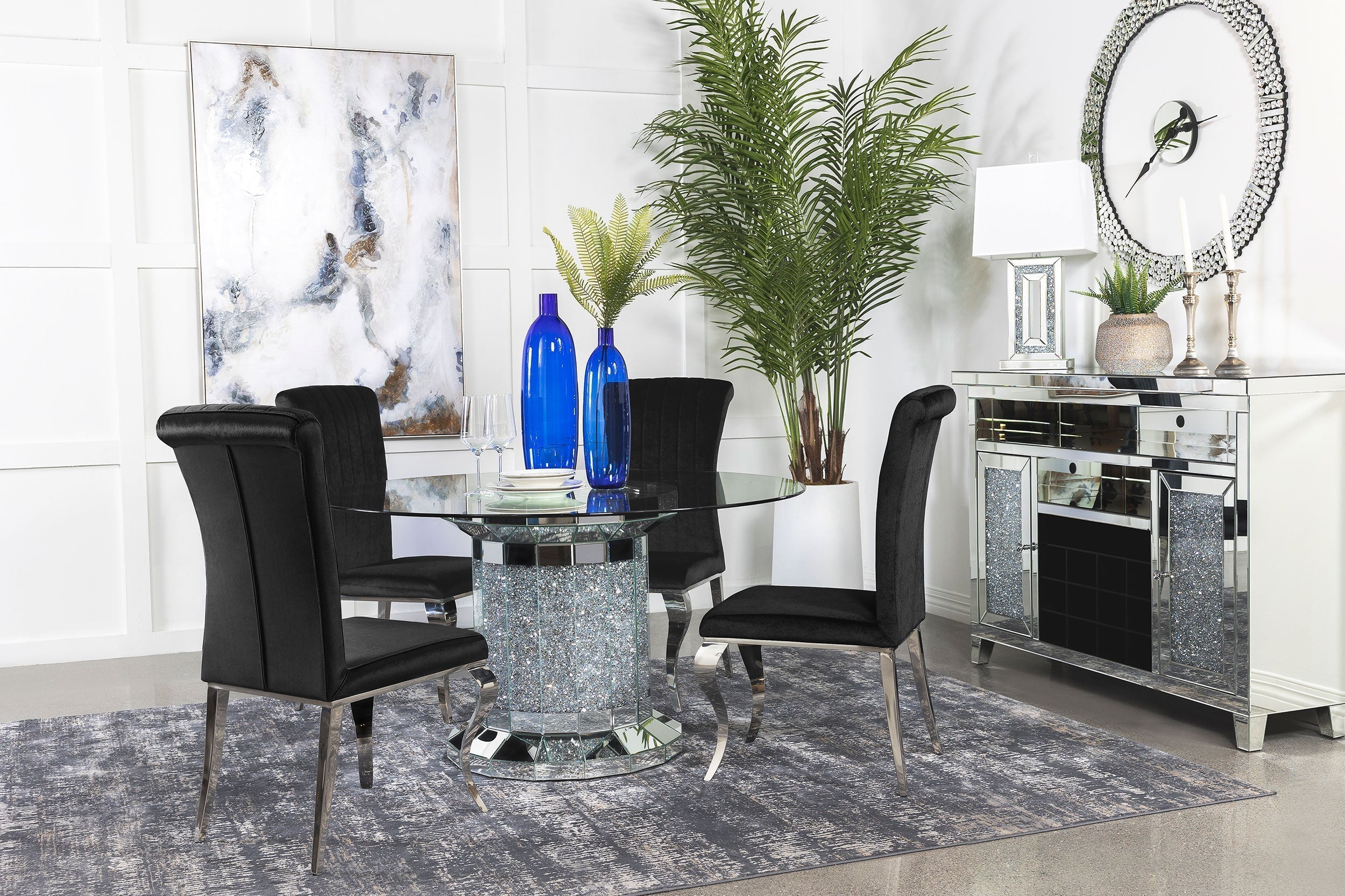Ellie Cylinder Pedestal Dining Room Set Mirror and Black