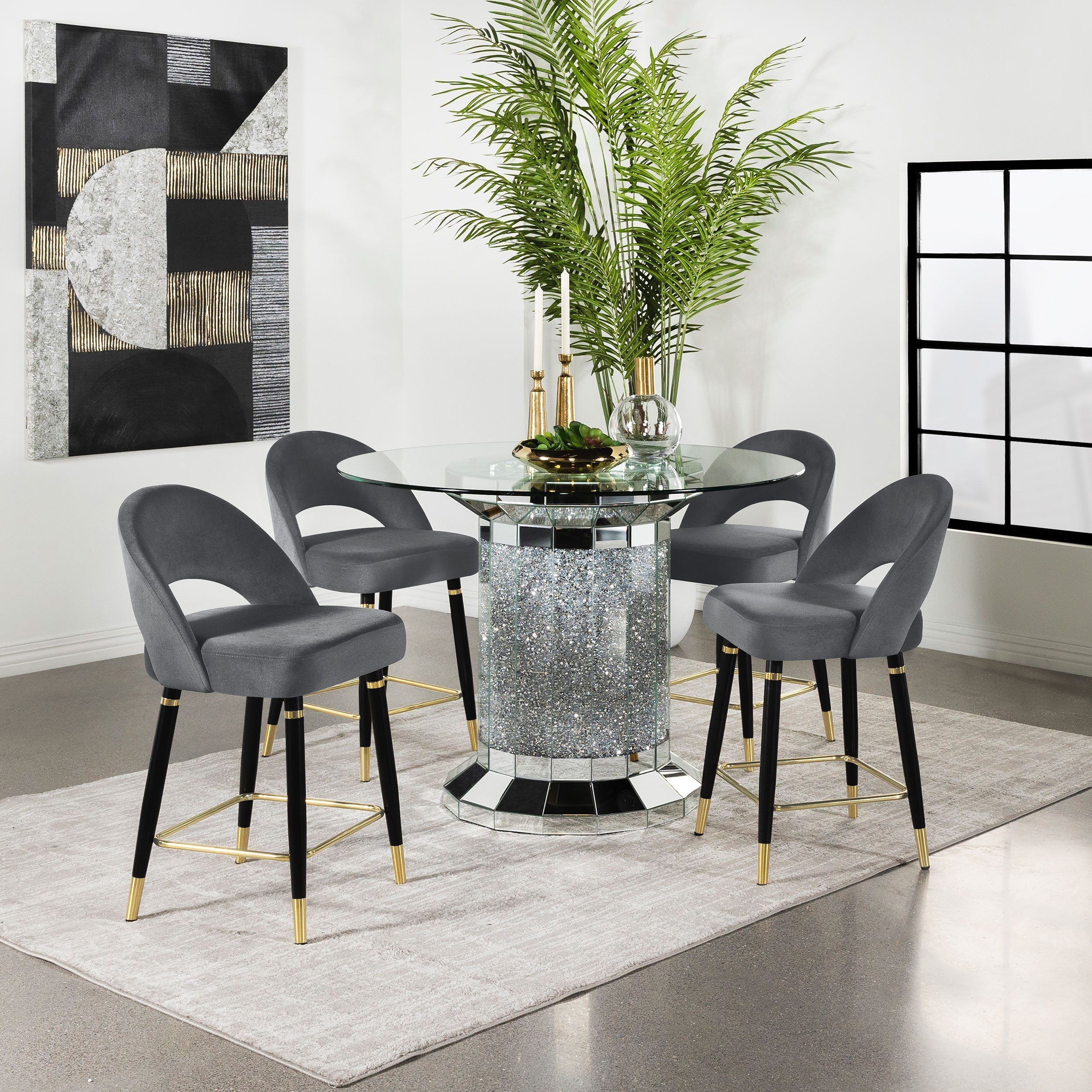 Ellie Pedestal Counter Height Dining Room Set Mirror and Black