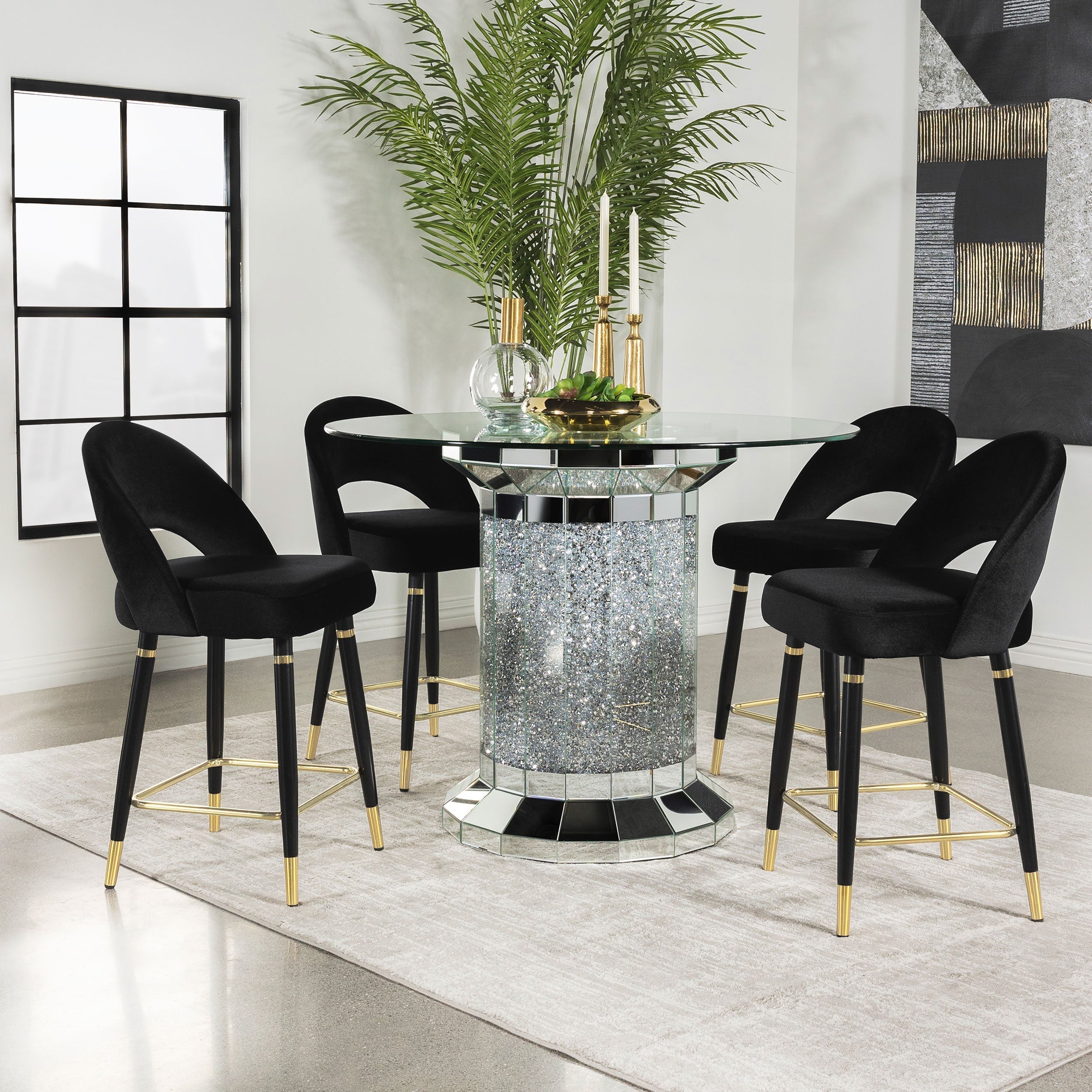 Ellie Pedestal Counter Height Dining Room Set Mirror and Black