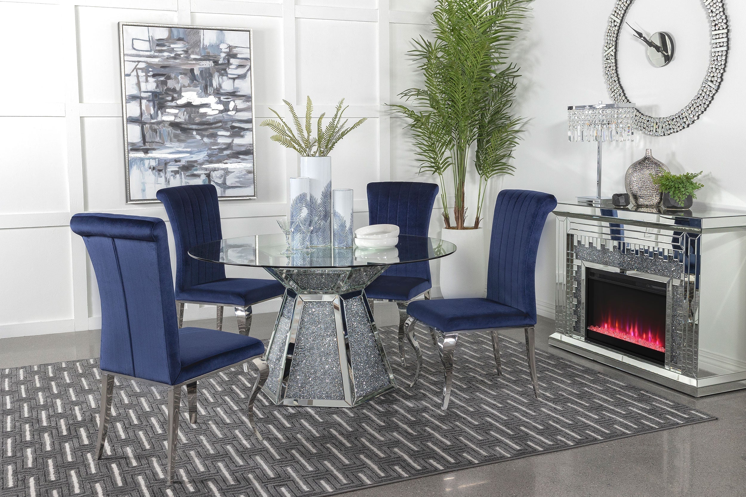 Quinn Hexagon Pedestal Dining Room Set Mirror and Black