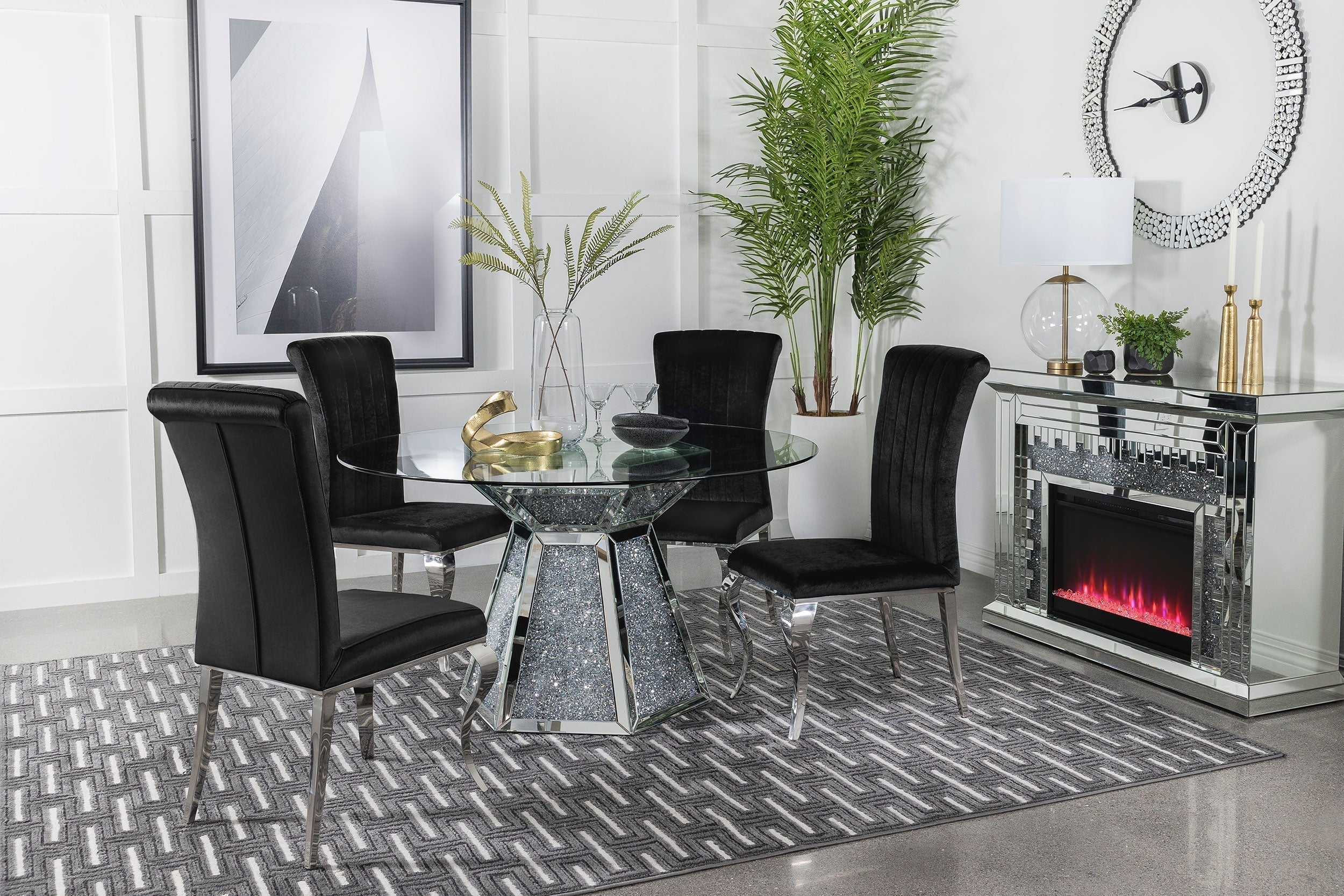 Quinn Hexagon Pedestal Dining Room Set Mirror and Black