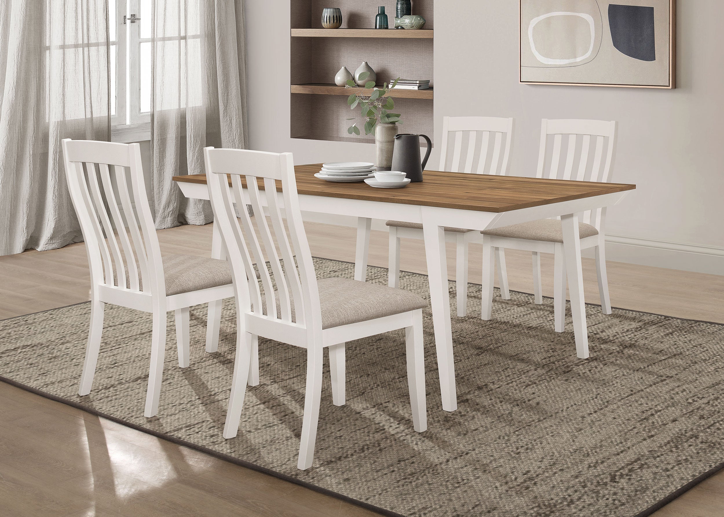 Nogales Rectangular Dining Table Set Natural Acacia and Off White
