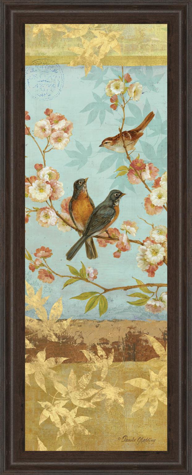 Robins & Blooms Panel By Pamela Gladding 18X42 Framed Print