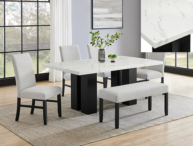 Parkside Dove Dining Set — Marble-Look Table, Chairs & Bench