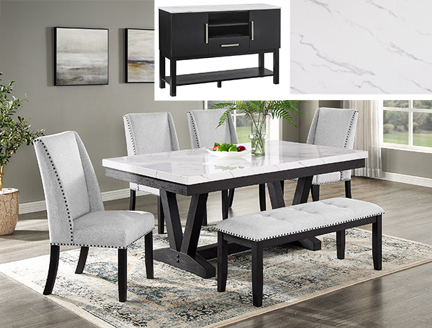 Vance Faux Marble Dining Set — Table, Wing Chairs, Bench & Sideboard