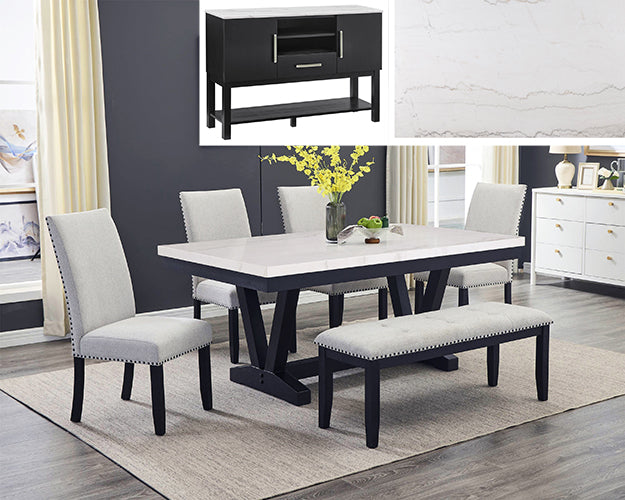 Varley Genuine Marble Dining Set — Table, Side Chairs, Bench & Sideboard