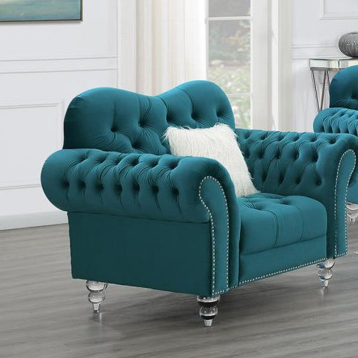 U215 Turquoise Chair With One Fur Pillows & Acrylic Legs — 50-Inch Wide