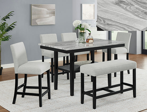 Marbel Faux Marble Counter Height Set — Table, Chairs & Bench