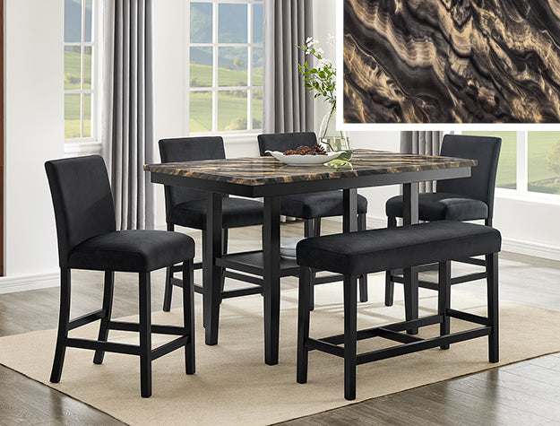 Marbel Gold & Black Counter Height Set — Table, Stools & Bench