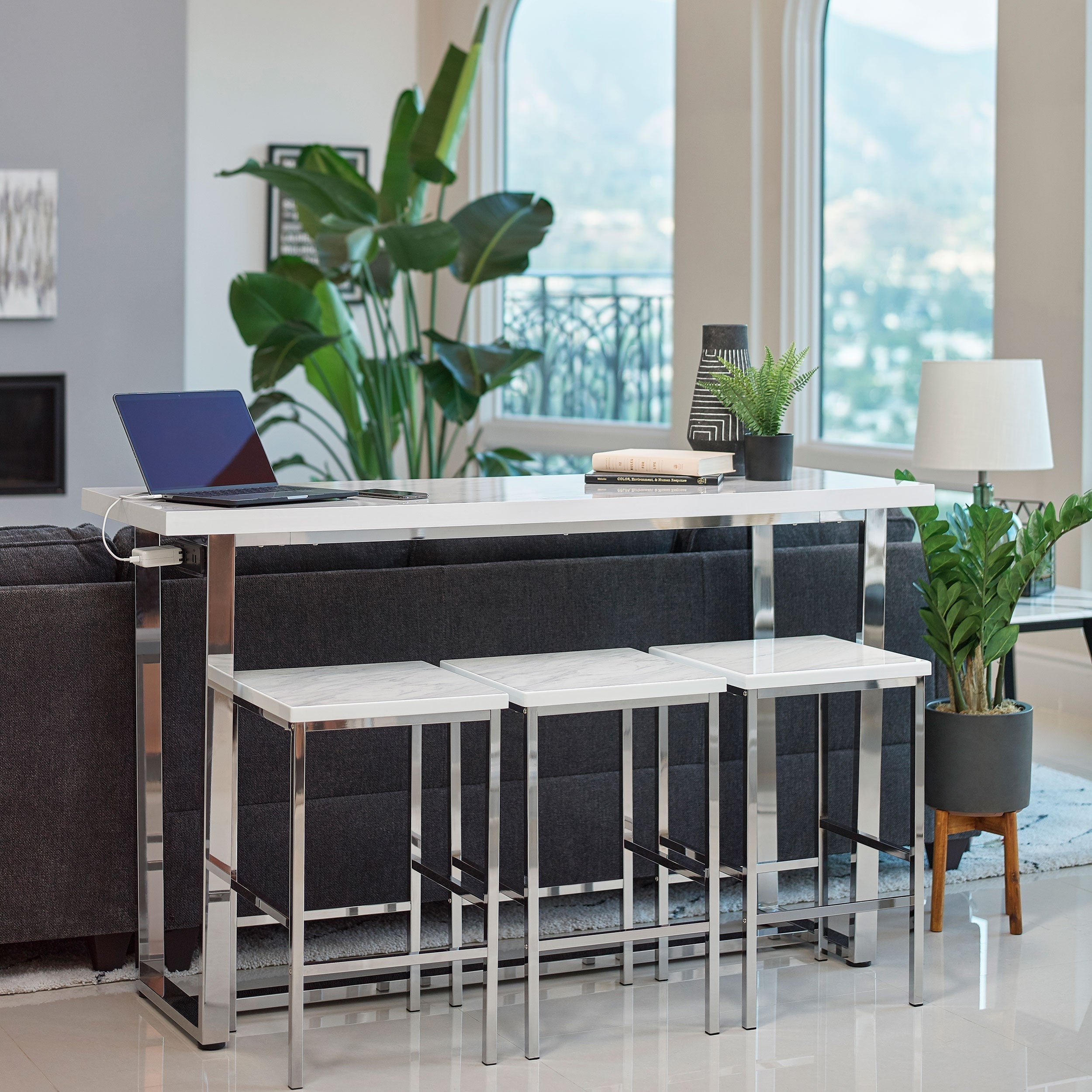 Marmot Rectangular Counter Height Set White Marble and Chrome