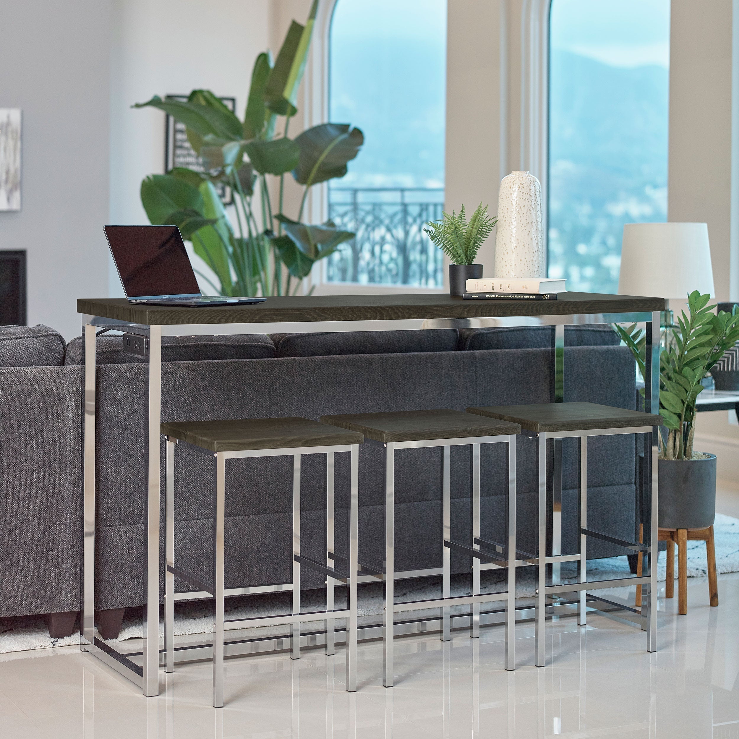 Cassidy Rectangular Counter Height Set Dark Oak and Chrome