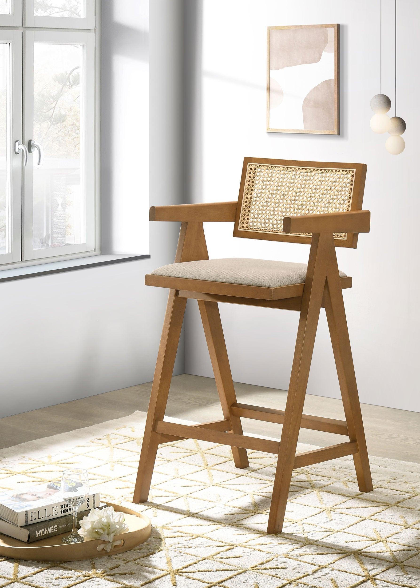 Kane Solid Wood Bar Stool with Woven Rattan Back and Upholstered Seat Light Walnut (Set of 2)