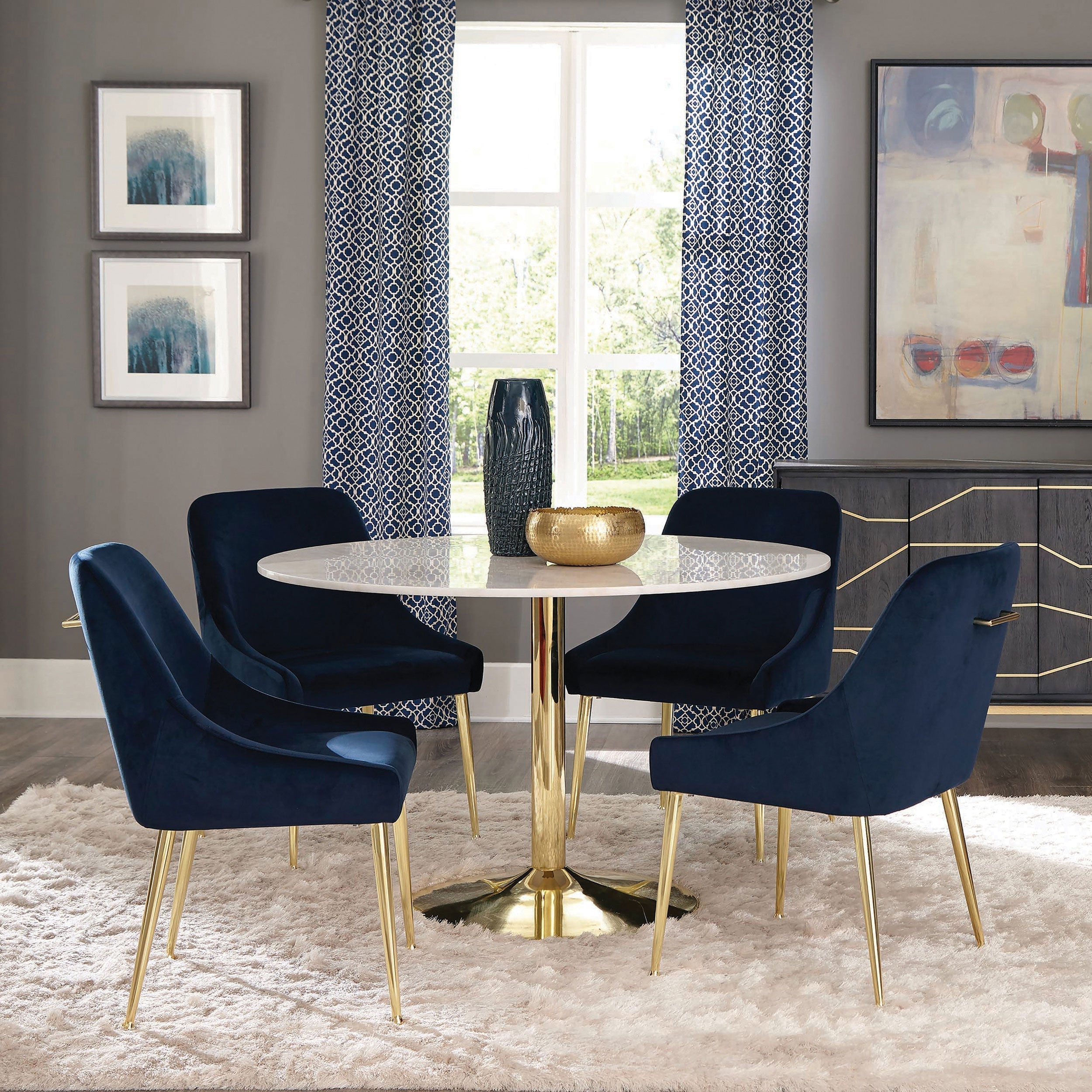 Kella Round Marble Top Dining Set Blue and Gold