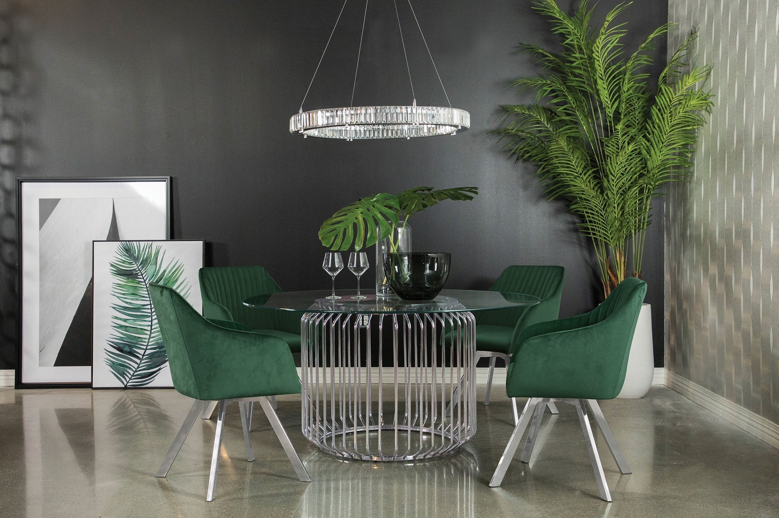 Veena Round Dining Set with Swivel Chairs Chrome and Green