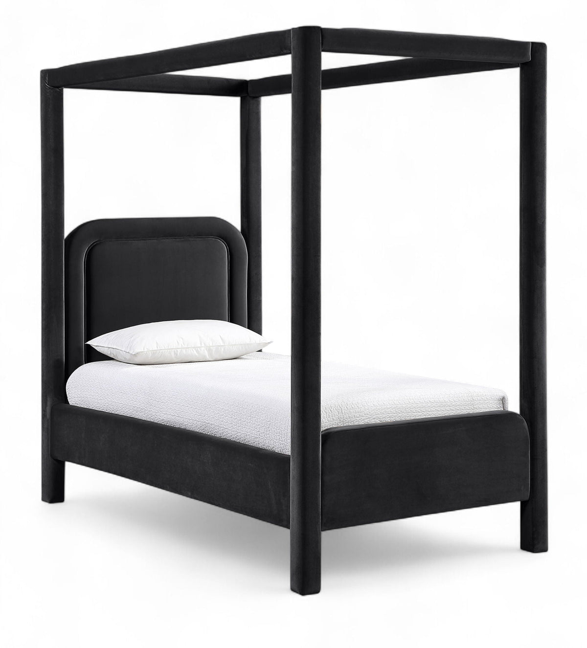 Salina Velvet Upholstered Canopy Bed — 10 Colors, Twin to King - Black