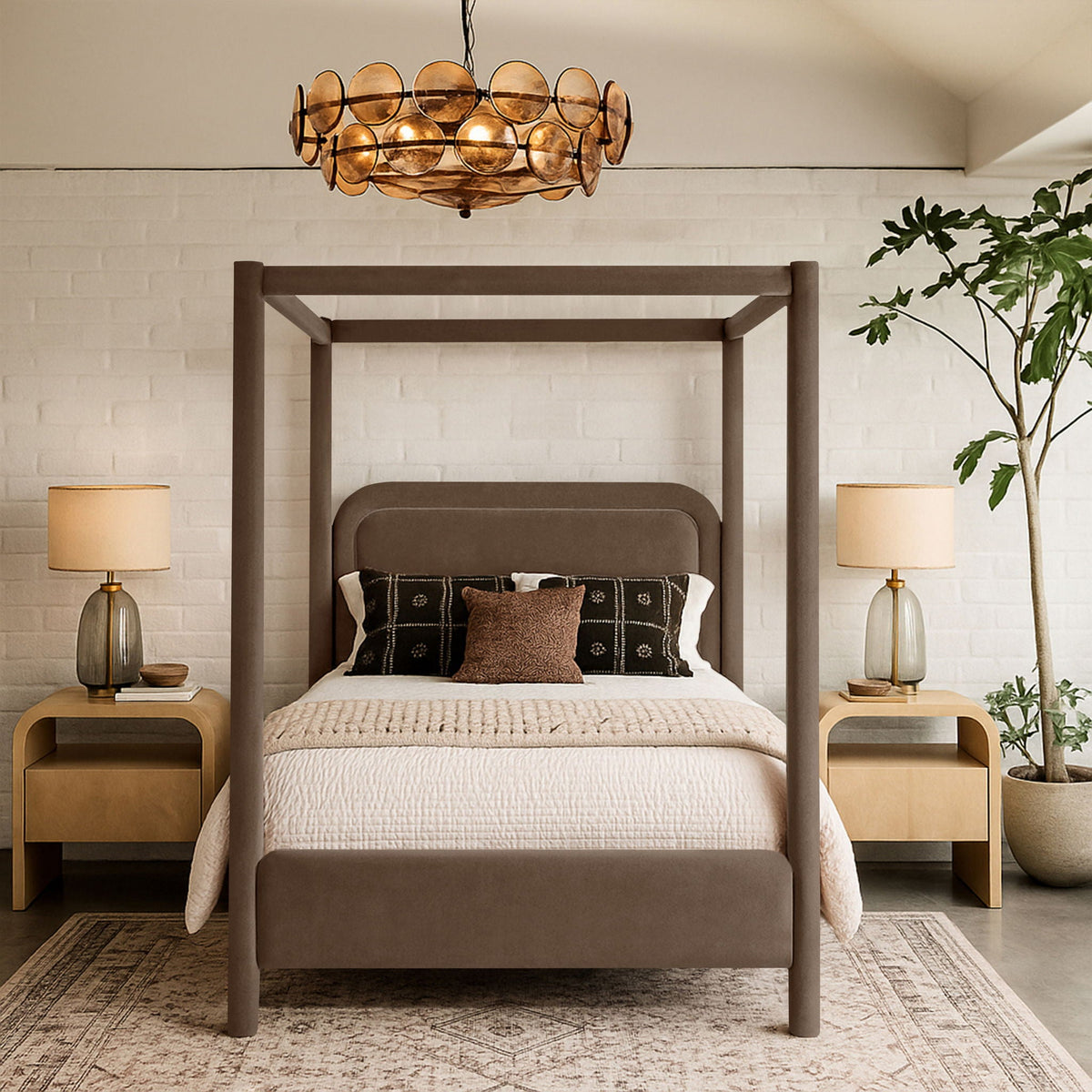 Salina Velvet Upholstered Canopy Bed — 10 Colors, Twin to King