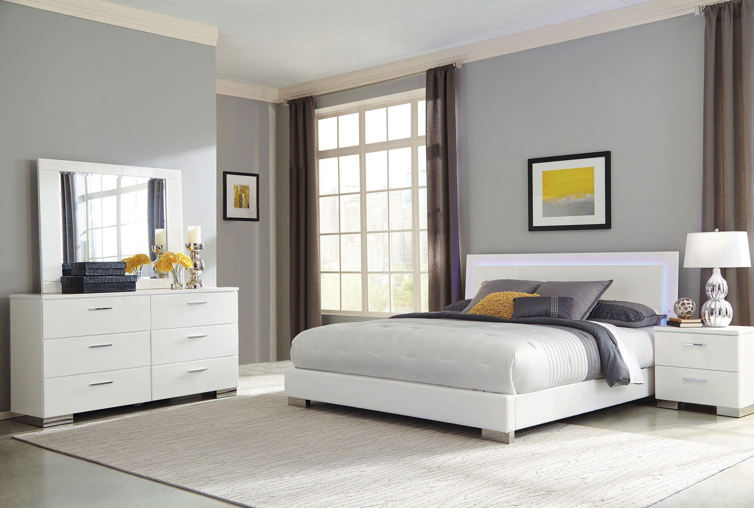 Felicity Bedroom Set with LED Headboard Glossy White