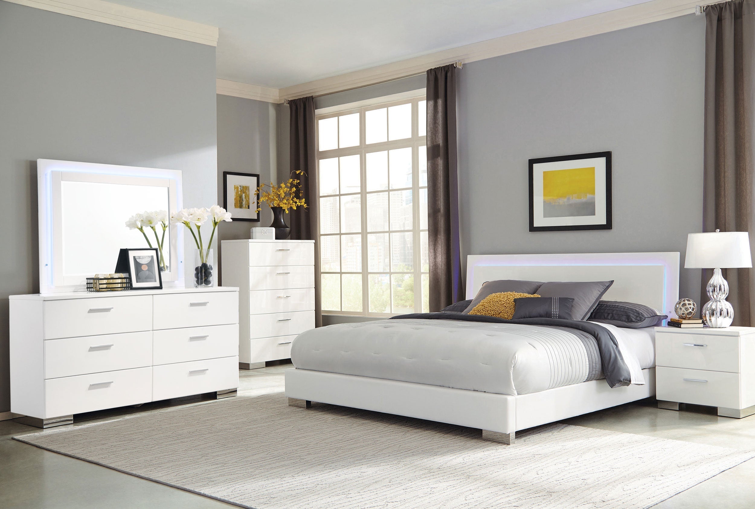 Felicity Bedroom Set with LED Headboard and Mirror Glossy White