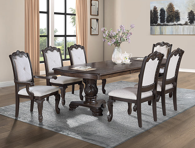 Kiera Coffee Brown Dining Set — Table, Arm & Side Chairs
