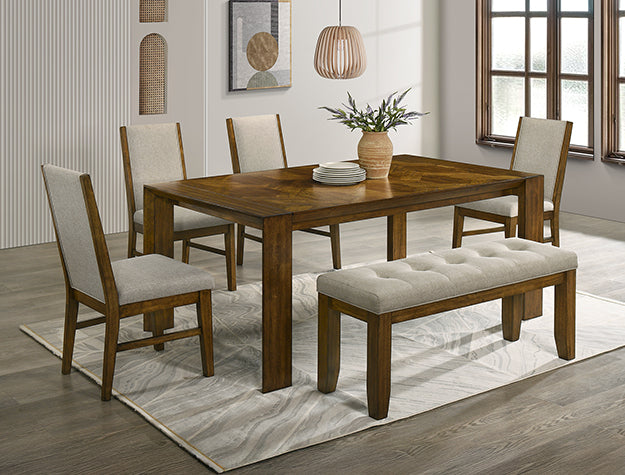 Hollister Dining Set — Mixed-Tone Table, Chairs & Tufted Bench