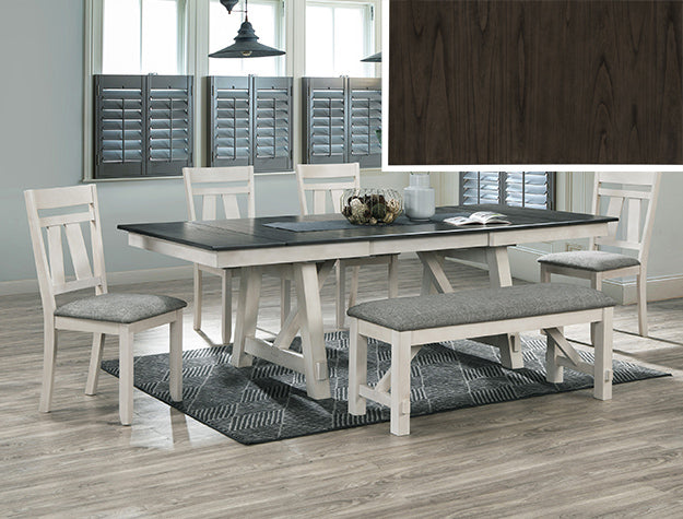 Maribelle Chalk Warm Grey Dining Set — Table, Chairs & Bench