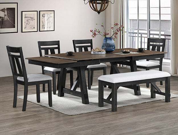 Maribelle Wheat & Charcoal Dining Set — Table, Chairs & Bench