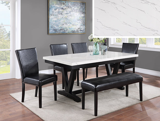 Tanner Faux Carrara Marble Dining Set — Table, Chairs & Bench