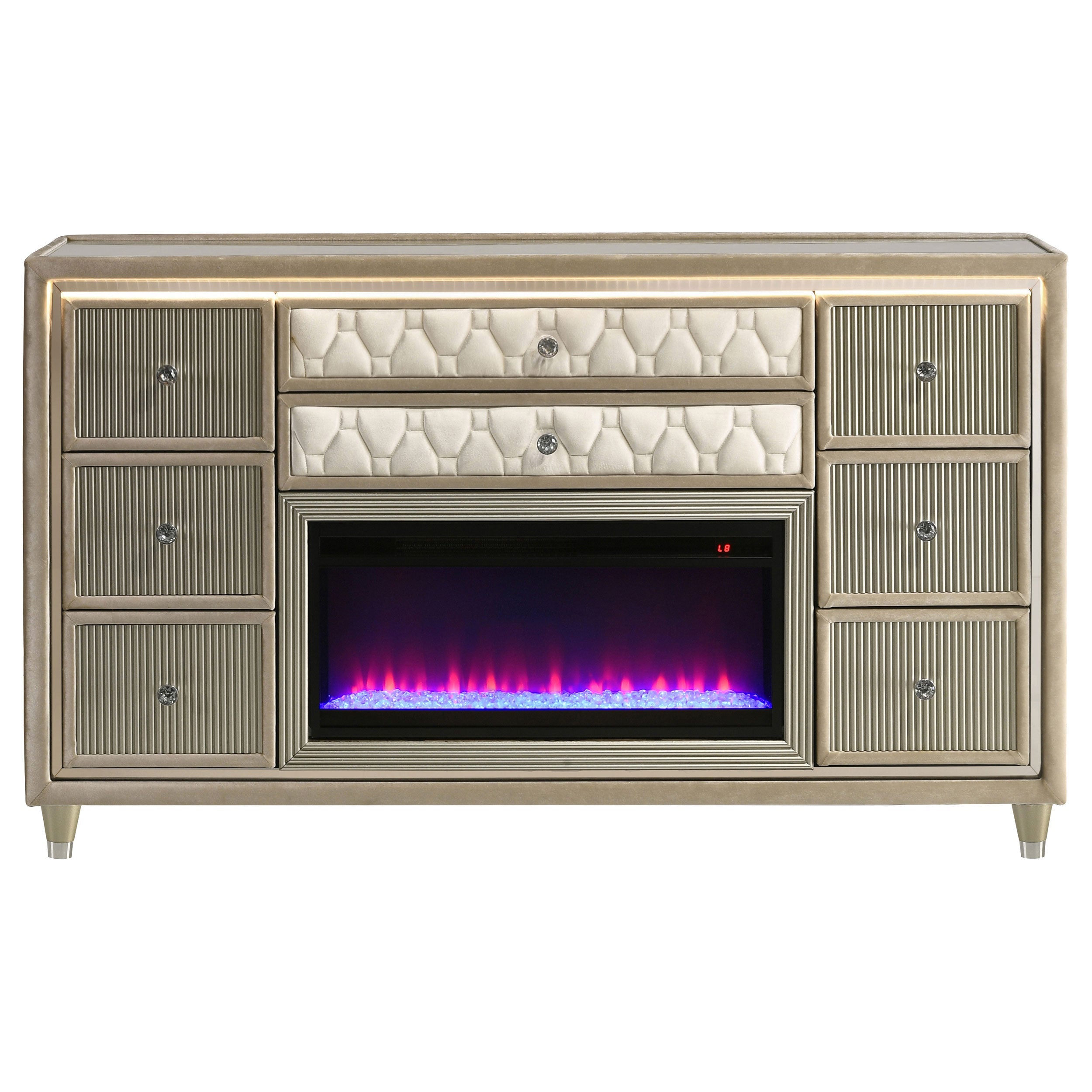 Lorient 8-drawer LED Bedroom Flame Box Dresser Ivory Camel