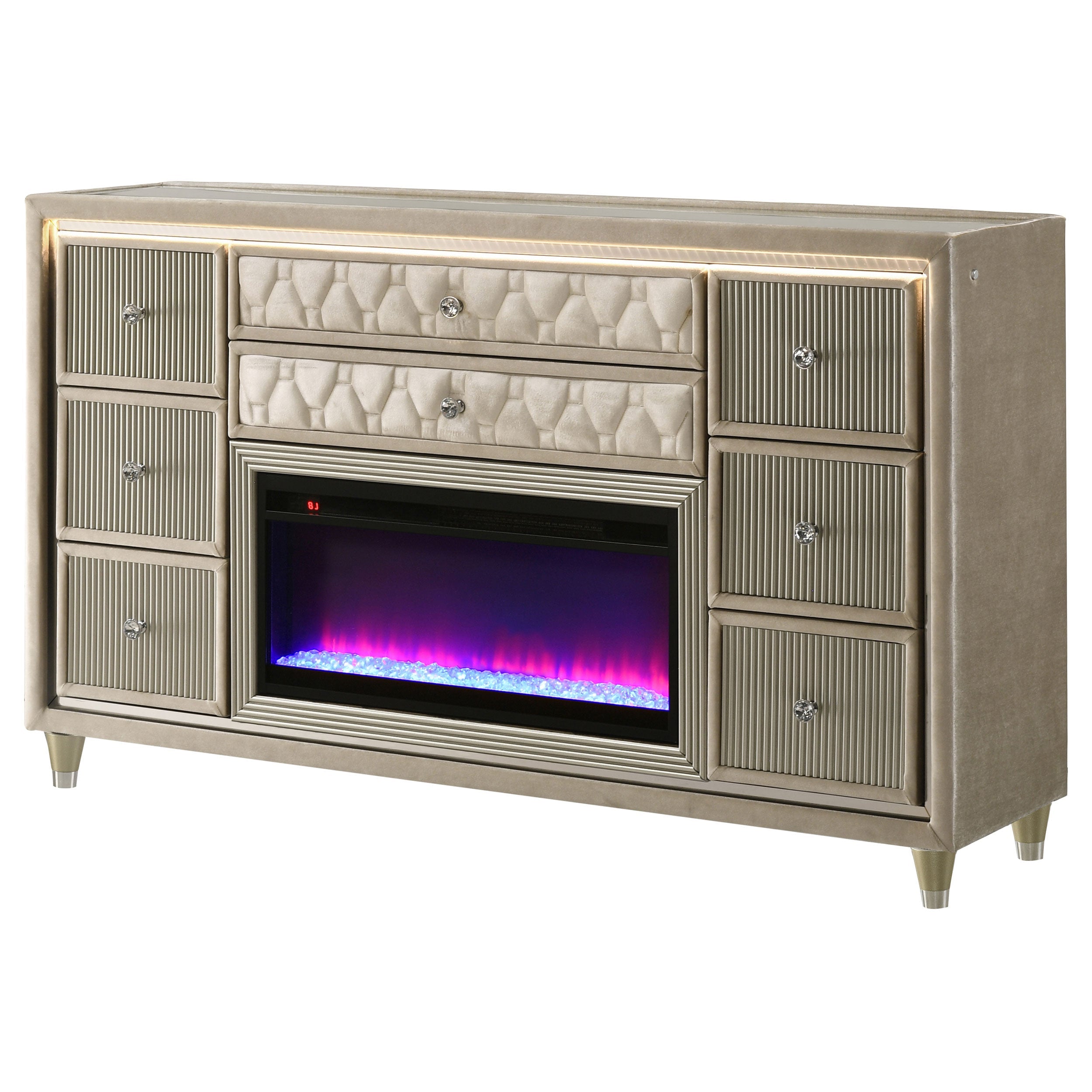 Lorient 8-drawer LED Bedroom Flame Box Dresser Ivory Camel