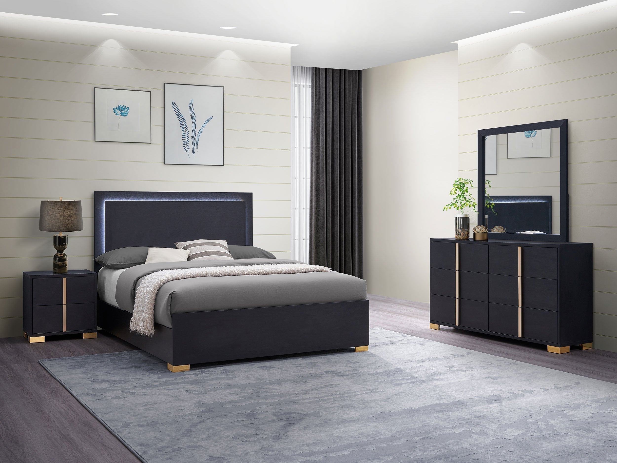 Marceline Bedroom Set with LED Headboard Black
