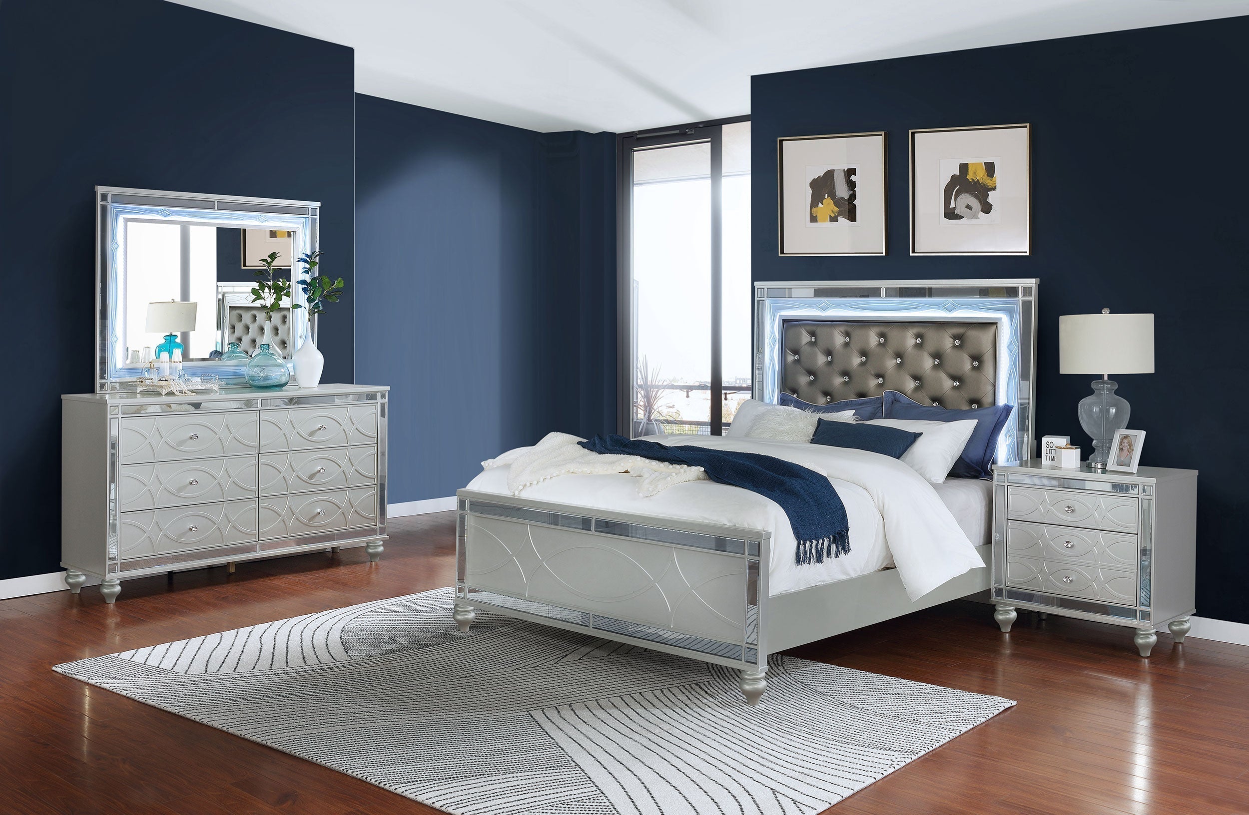 Gunnison Bedroom Set with LED Lighting Silver Metallic