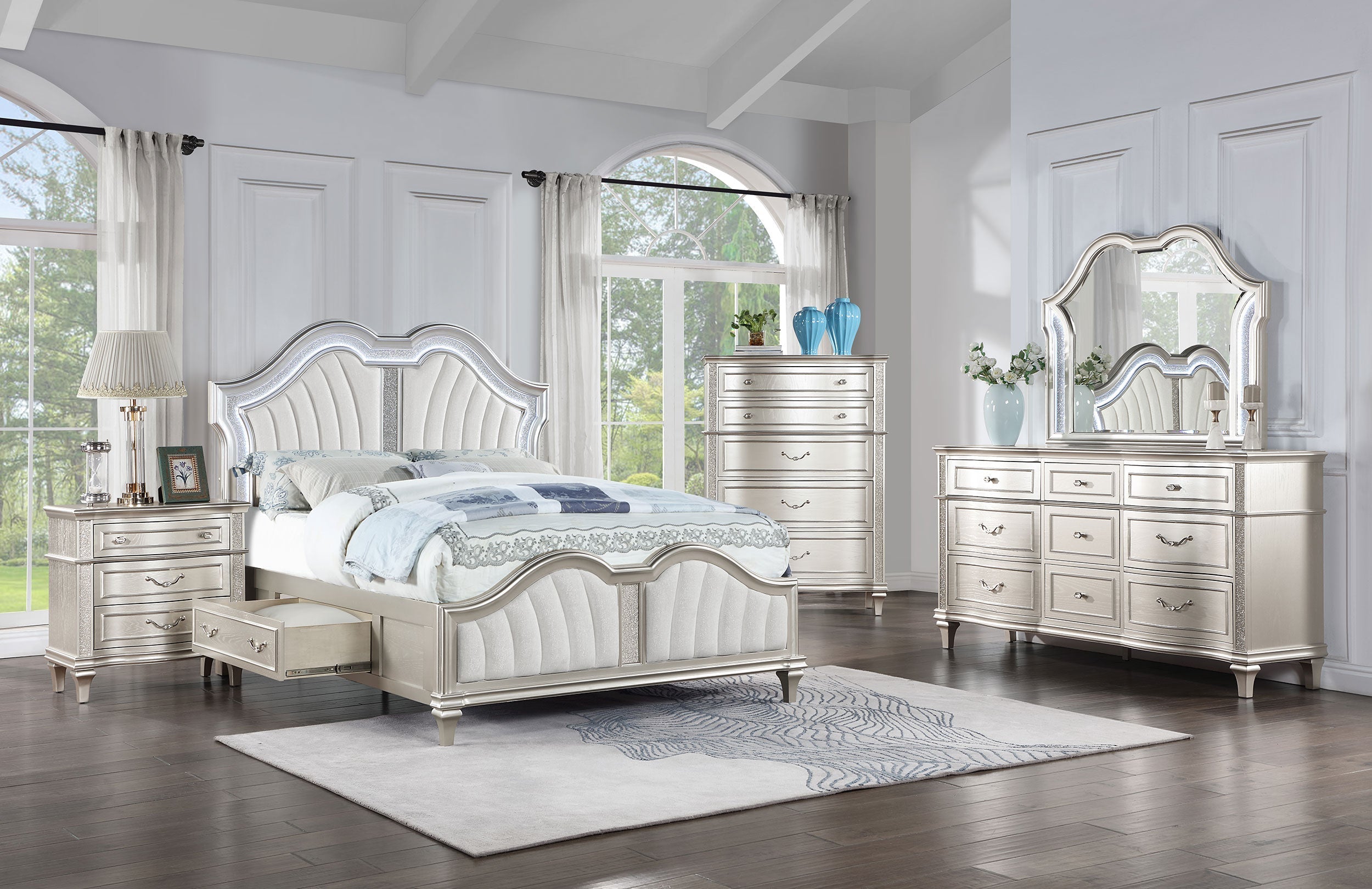 Veronica Storage Bed with LED Headboard Silver Oak and Ivory