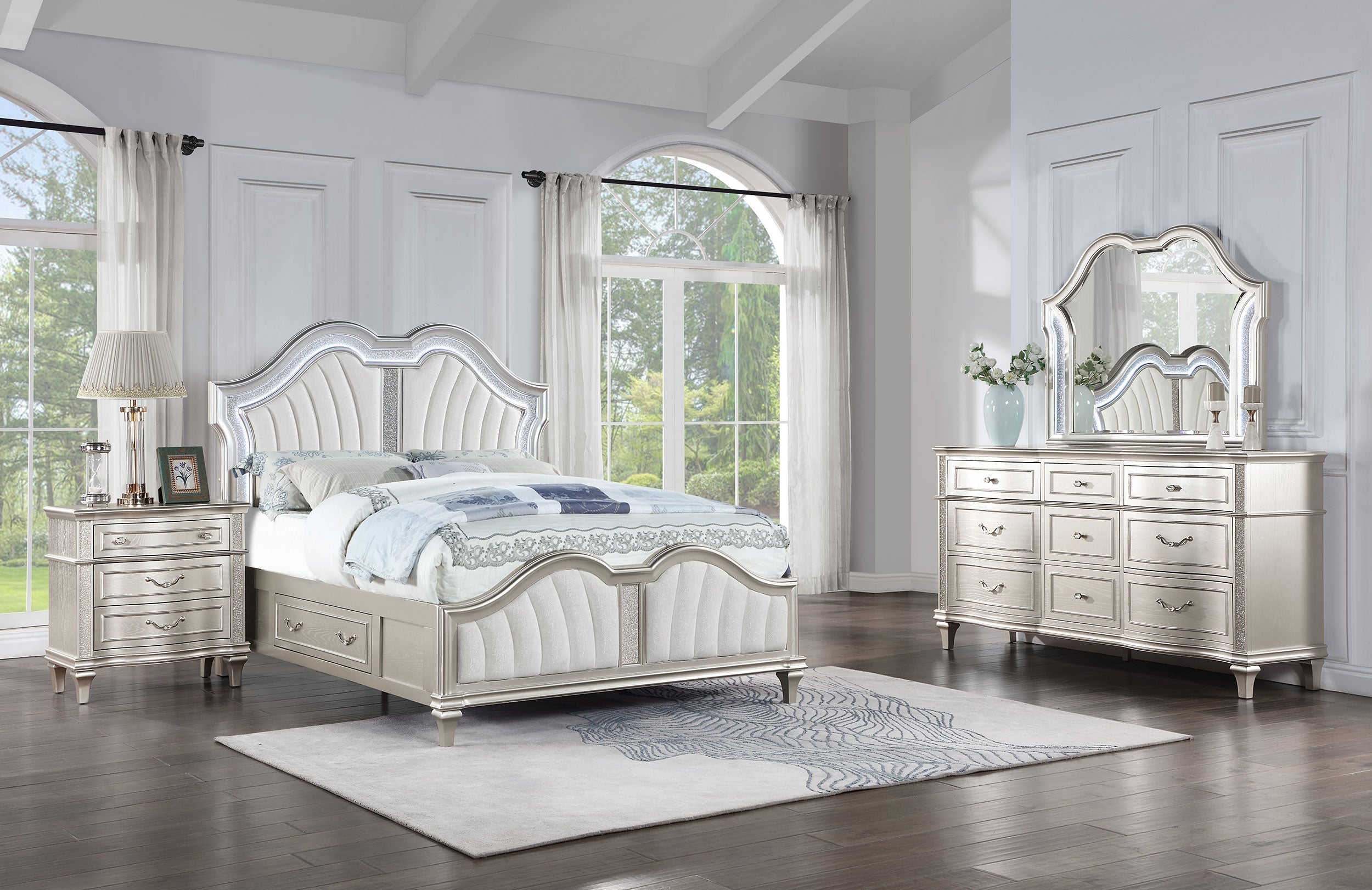 Veronica Storage Bed with LED Headboard Silver Oak and Ivory