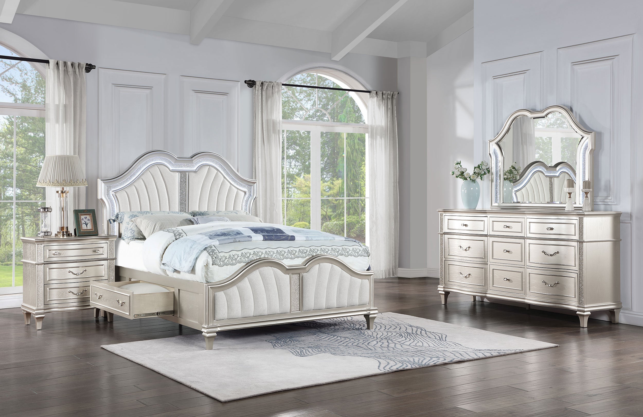 Veronica Storage Bed with LED Headboard Silver Oak and Ivory