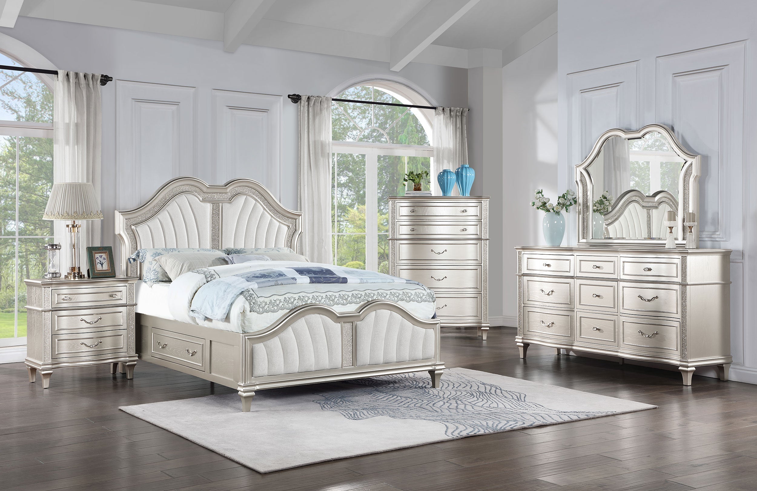 Veronica Storage Bed with LED Headboard Silver Oak and Ivory