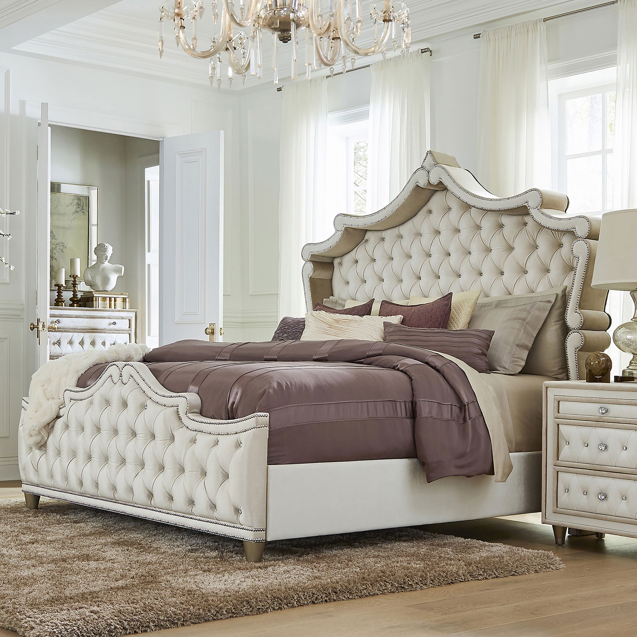 Antonella Upholstered Tufted Bed Ivory and Camel