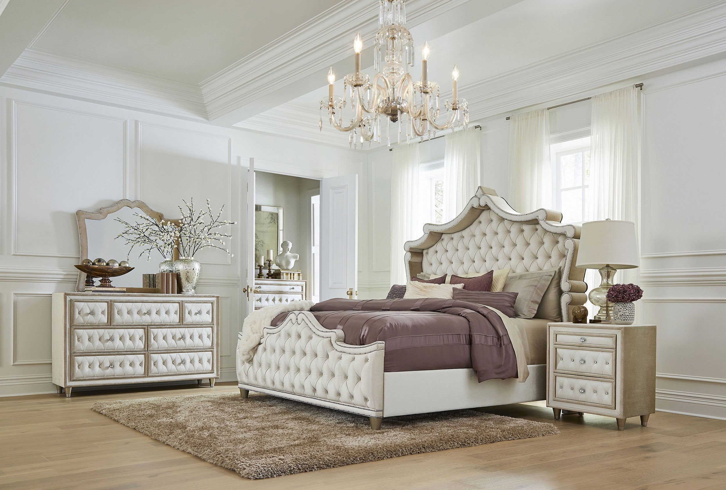Antonella Upholstered Tufted Bed Ivory and Camel
