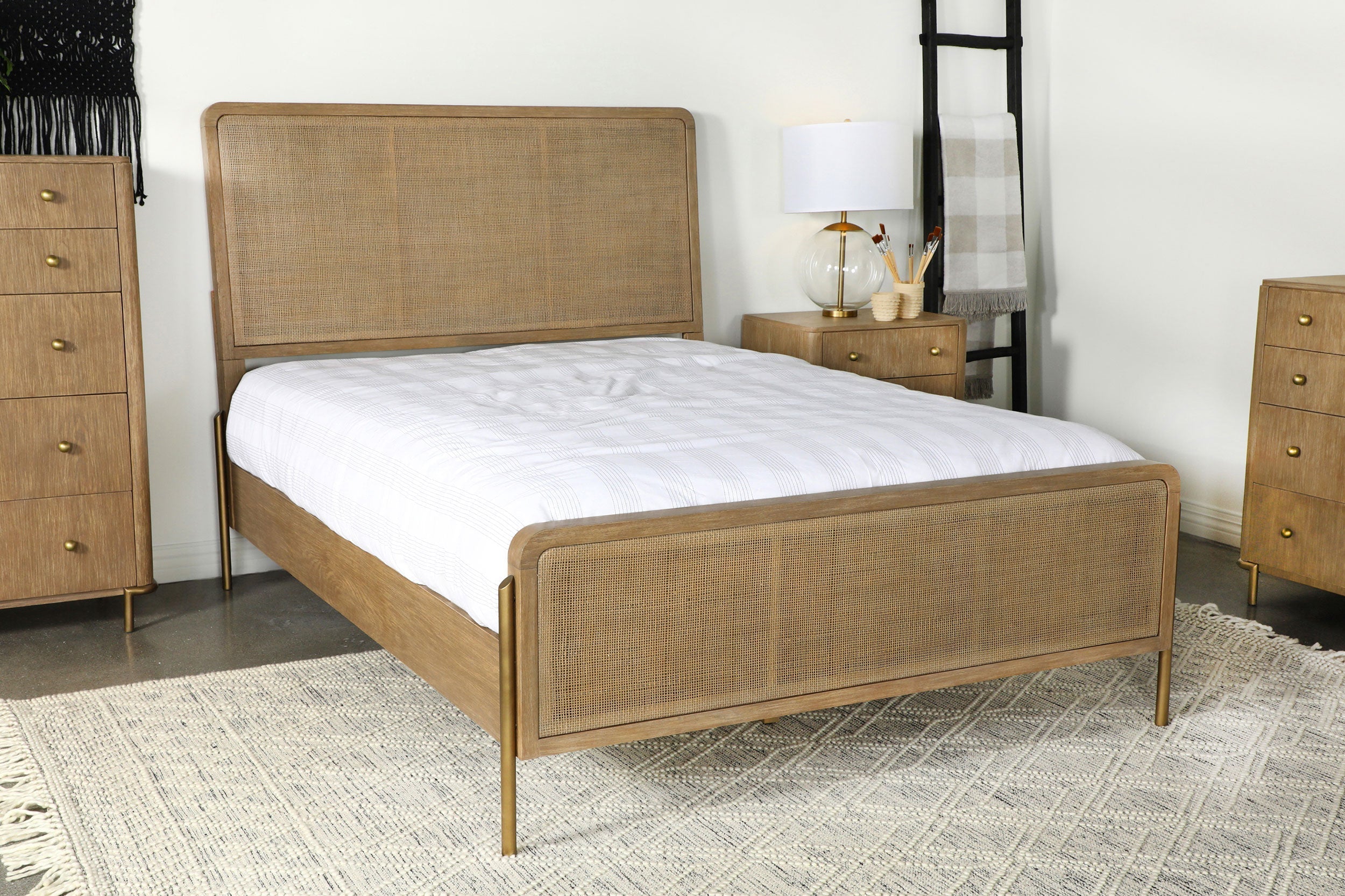 Arini Upholstered Panel Bed Sand Wash and Natural Cane