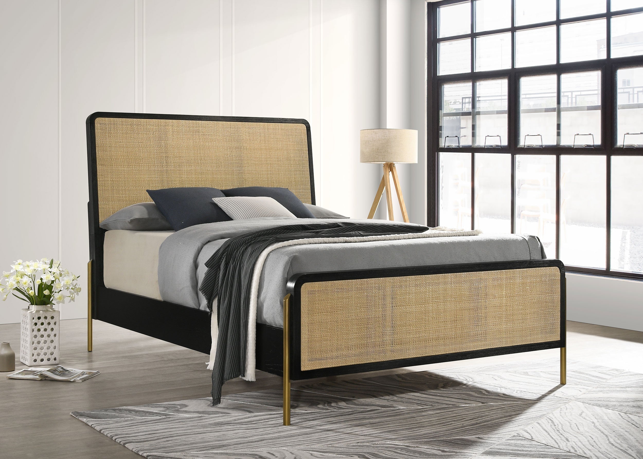Arini Bed with Woven Rattan Headboard Black and Natural