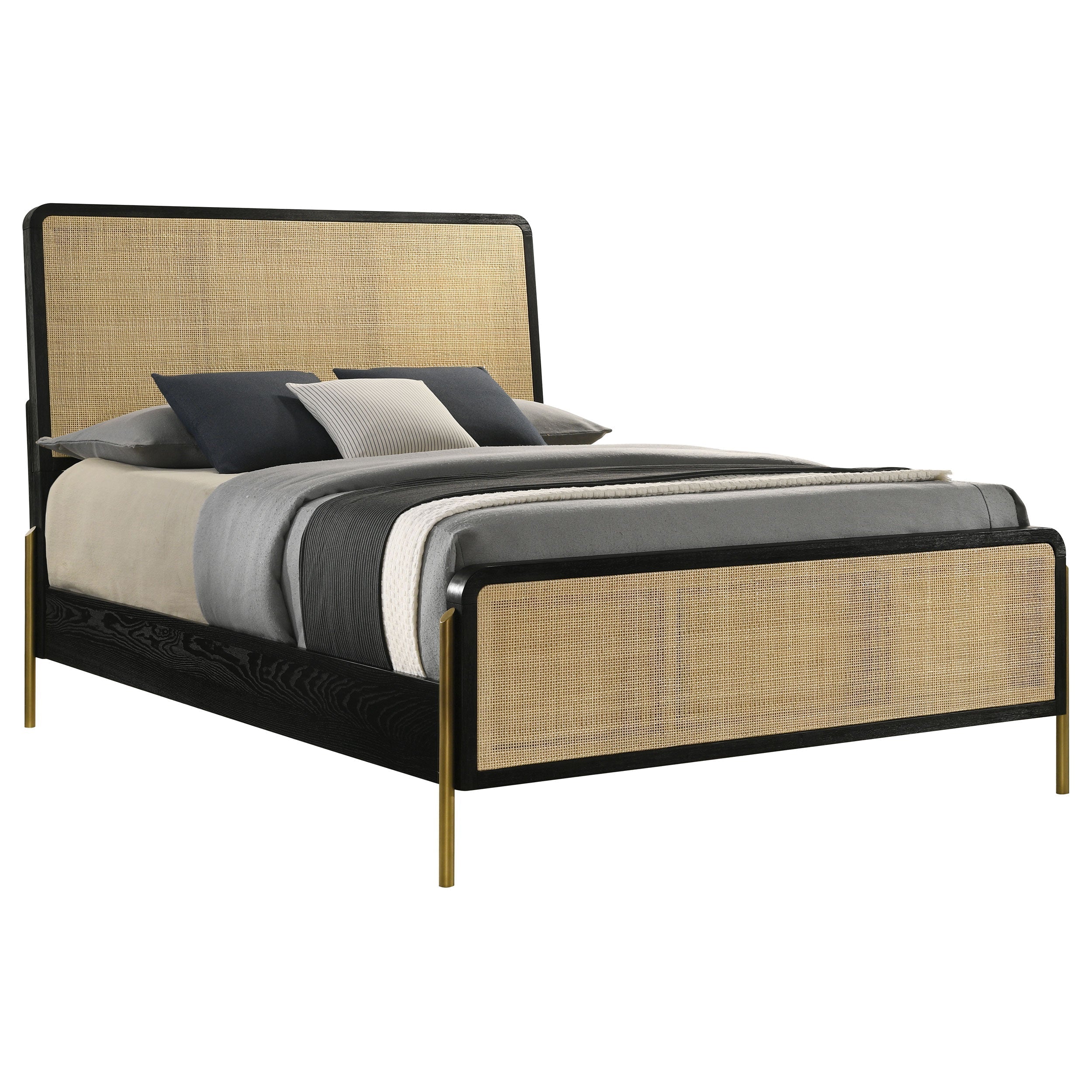 Arini Bed with Woven Rattan Headboard Black and Natural
