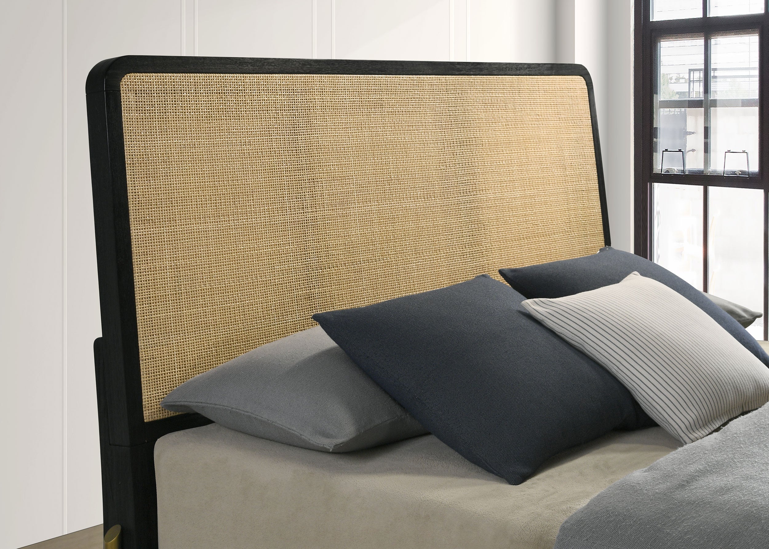 Arini Bed with Woven Rattan Headboard Black and Natural