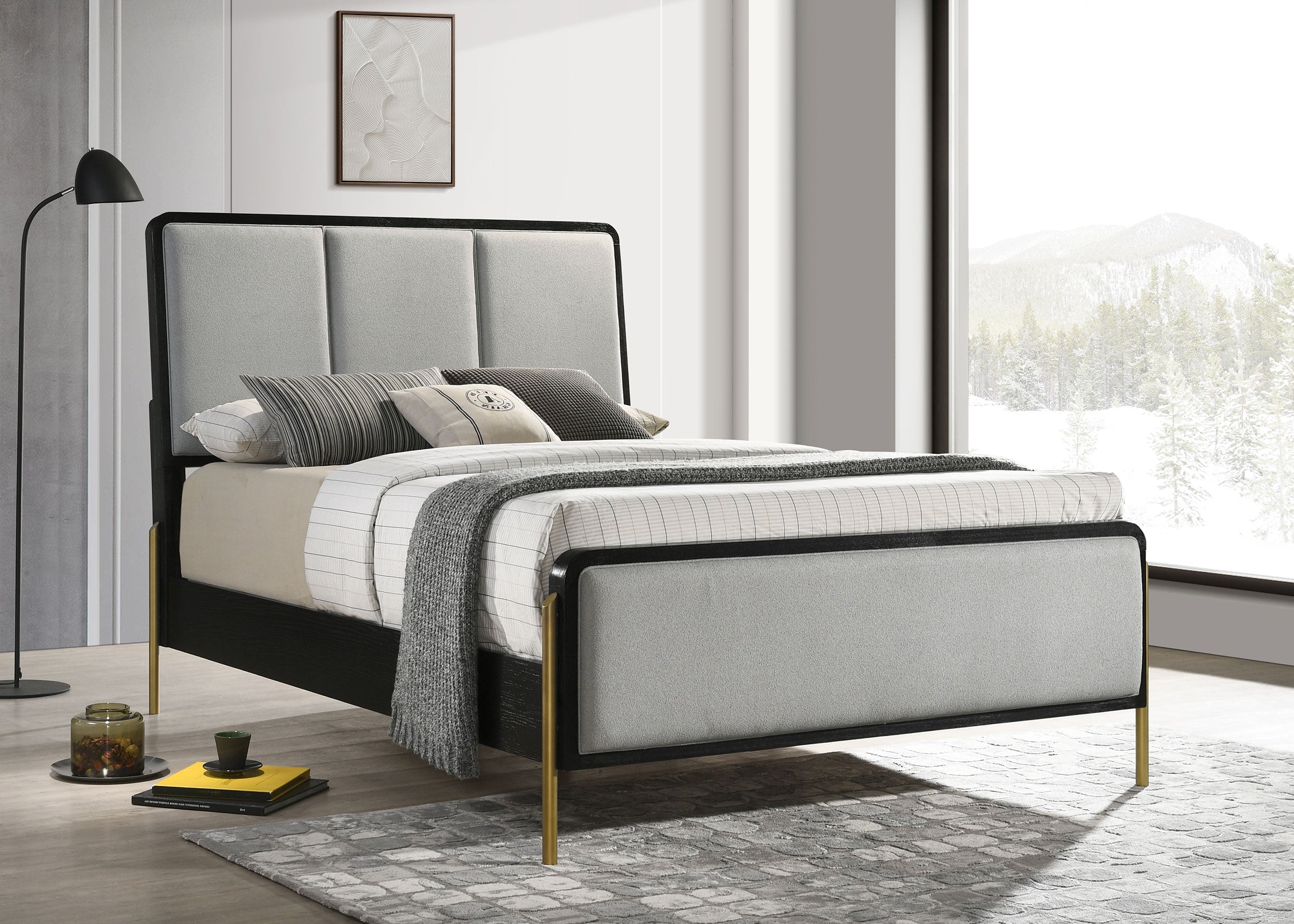 Arini Bed with Upholstered Headboard Black and Grey