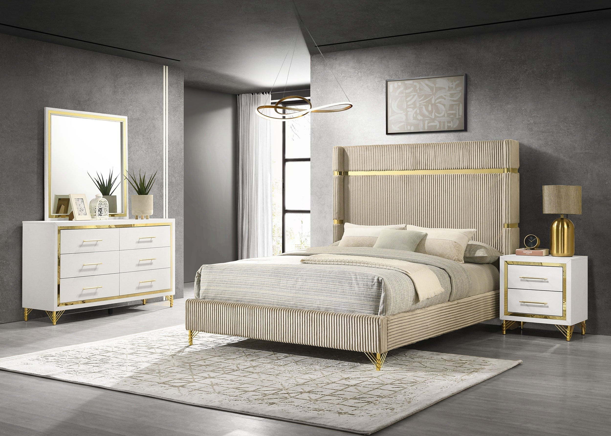 Lucia Bedroom Set with Upholstered Wingback Panel Bed Beige